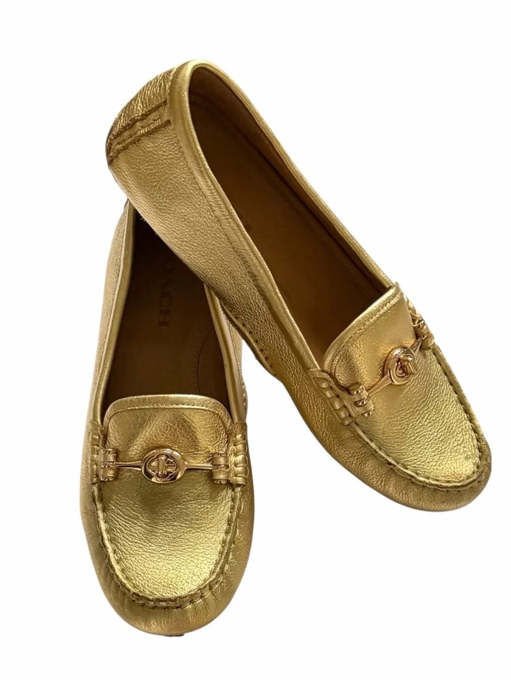 Coach Metallica Gold Tumbled Leather TurnLock Arlene Driving Loafers Size 7.5